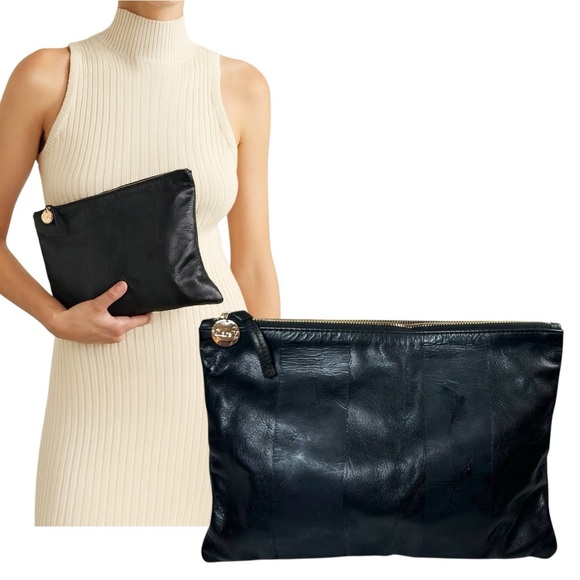 Clare V. - Women’s Flat Leather Clutch Handbag, Stripe Zippered - One Size Black - Picture 1 of 10